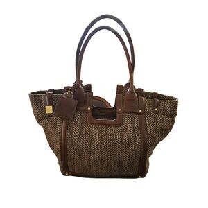 Tumi Tweed Leather Tote Bag Brown Woven Structured Large Shoulder Work Purse